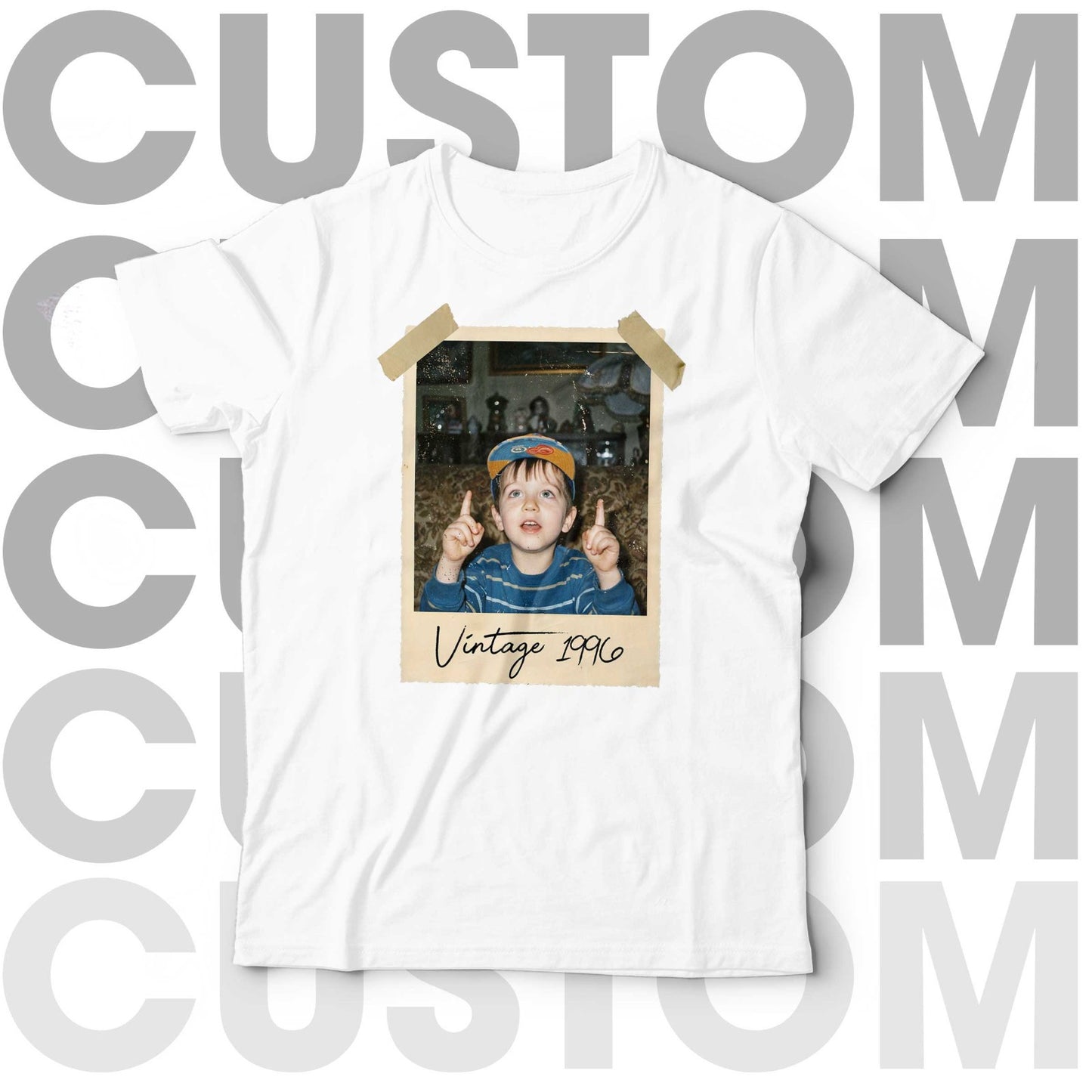 Custom Personalised Text & Photo T-Shirt Vintage Polaroid Retro Birthday Gift
