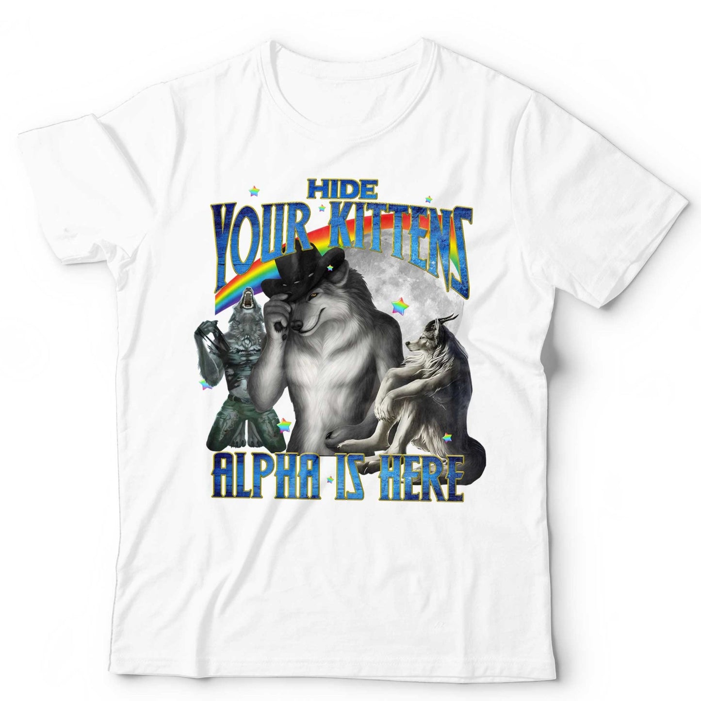 Wolf Shirt Funny Alpha Wolf Hide Your Kittens Graphic Tee Rainbow Meme Sigma