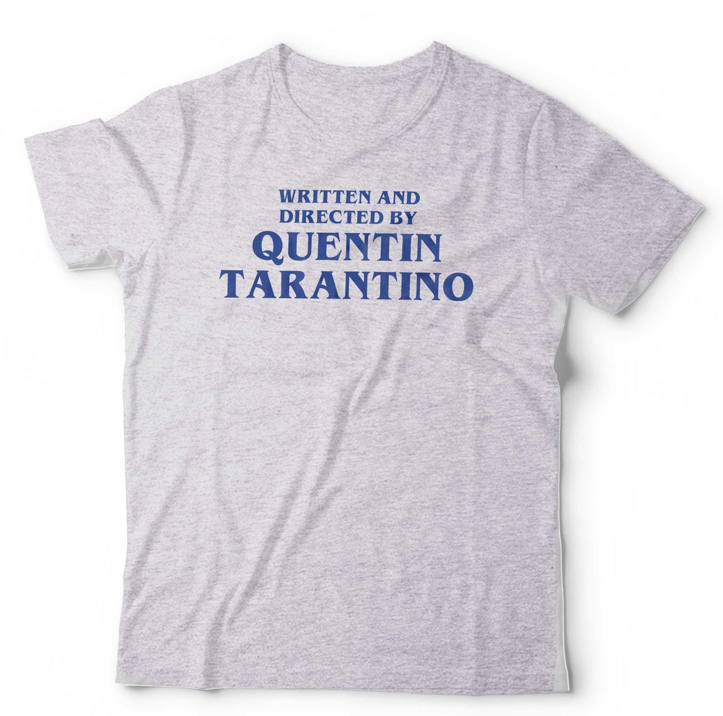 Gray t-shirt with blue text 'WRITTEN AND DIRECTED BY QUENTIN TARANTINO' on a white background