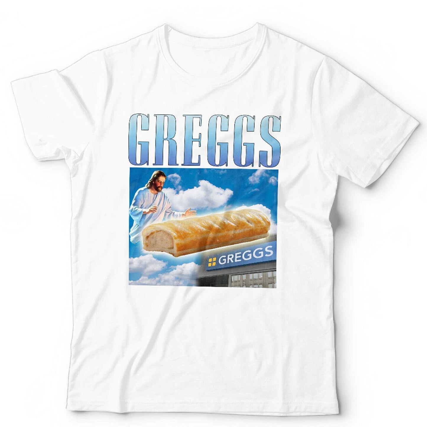 Greggs Tshirt Appreciation Unisex and Kids Funny Sausage Roll Jesus Pasty Present