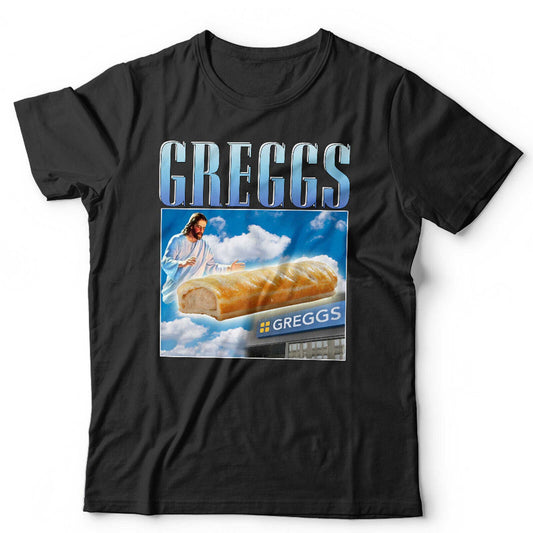 Greggs Tshirt Appreciation Unisex and Kids Funny Sausage Roll Jesus Pasty Present