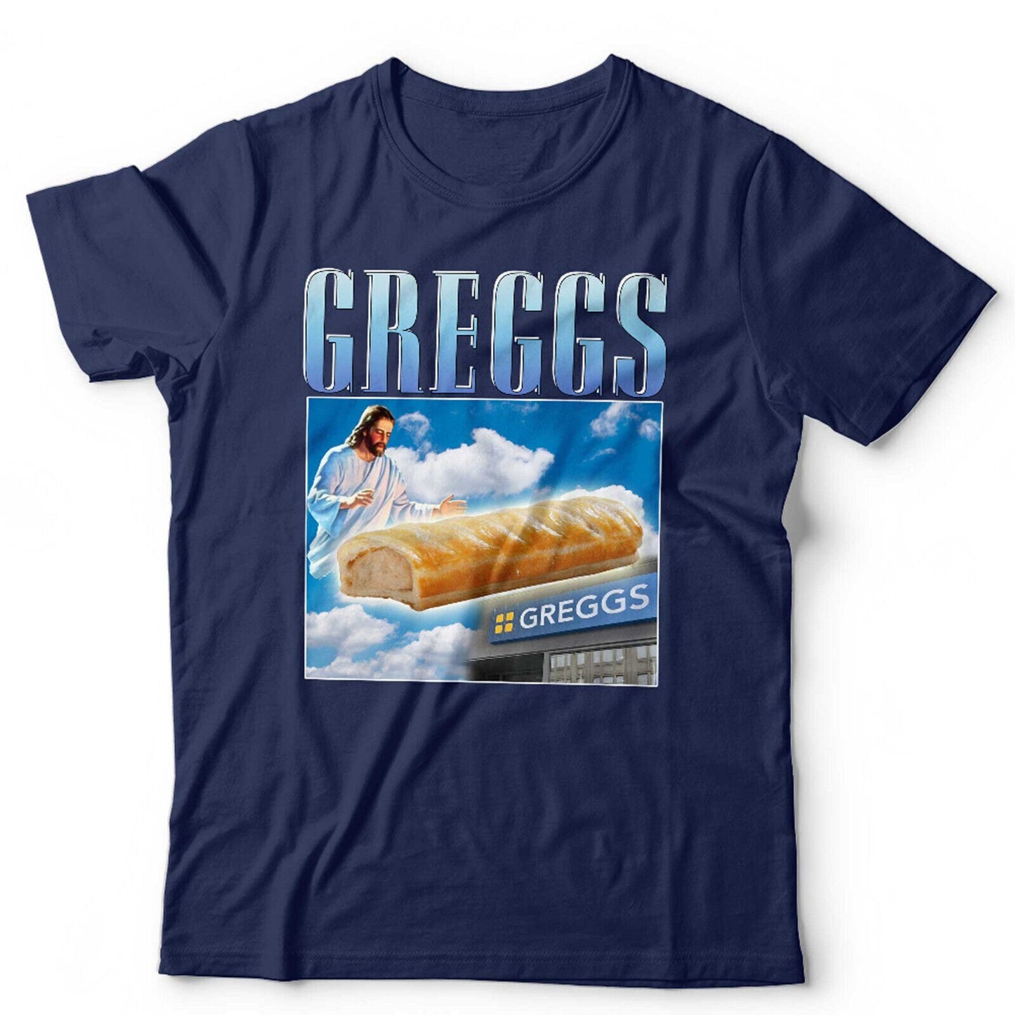 Greggs Tshirt Appreciation Unisex and Kids Funny Sausage Roll Jesus Pasty Present