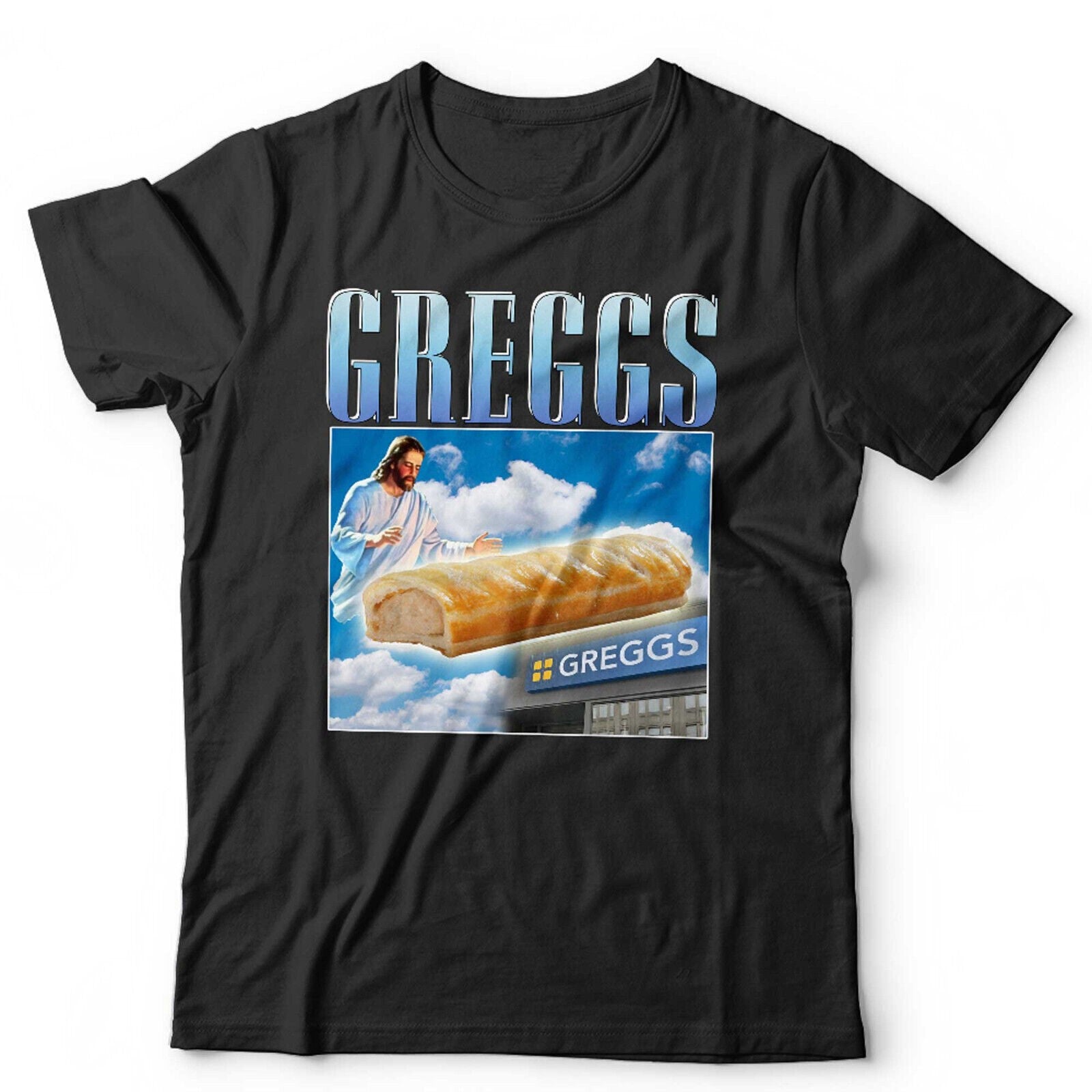 Greggs Tshirt Appreciation Unisex and Kids Funny Sausage Roll Jesus Pasty Present