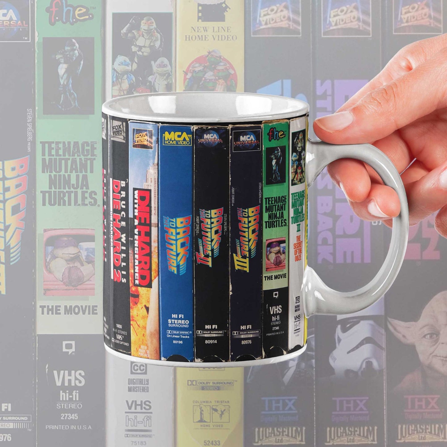 VHS Trilogy Mug Die Hard Indiana Jones Yoda Darth TMNT Back To The Future Retro