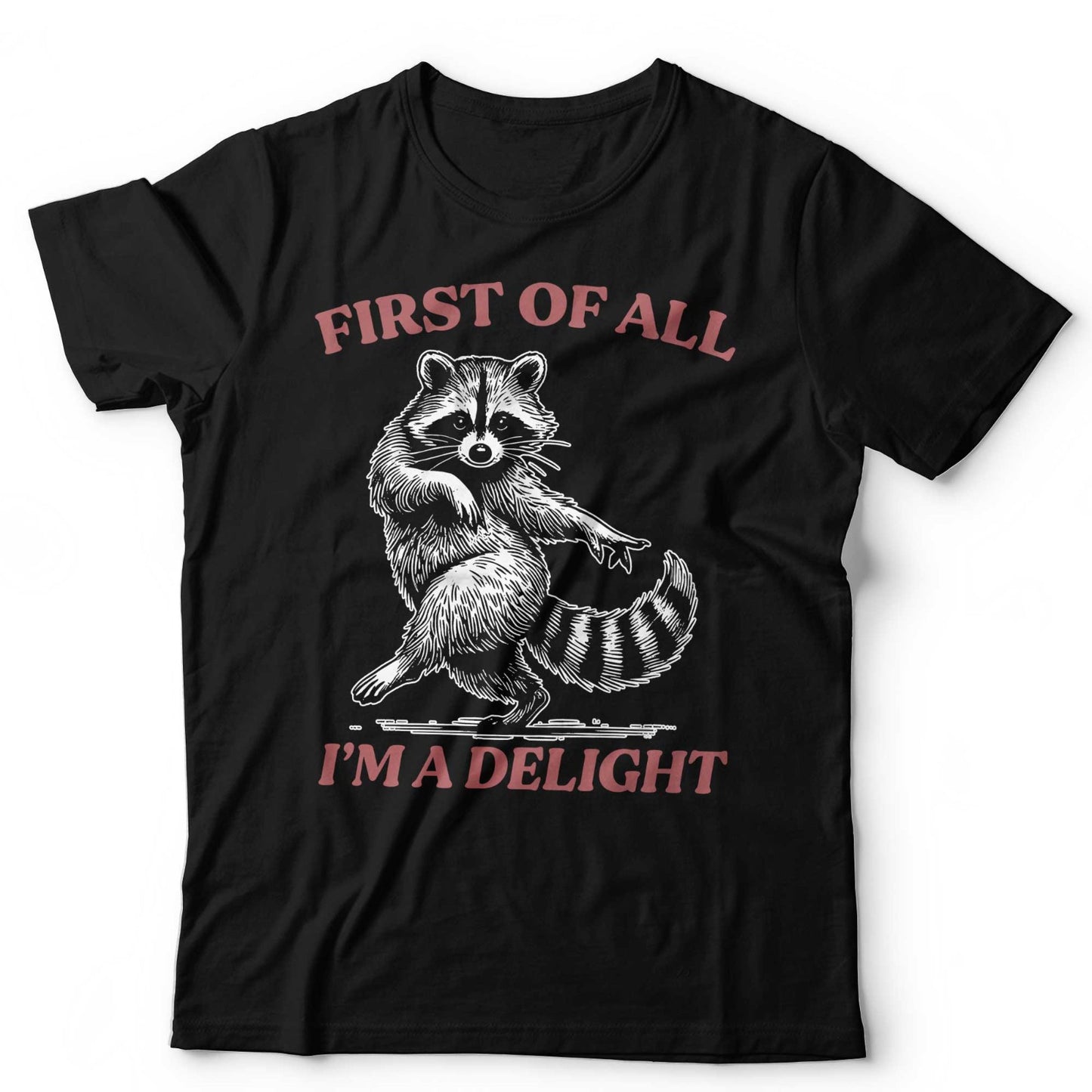 Funny Raccoon TShirt First Of All Im A Delight Meme Unisex and Kids Tee Cute