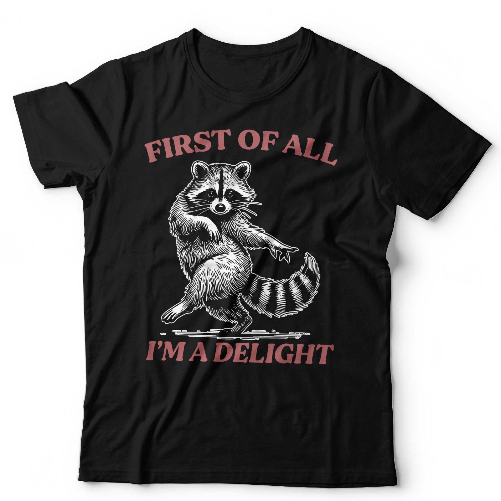 Funny Raccoon TShirt First Of All Im A Delight Meme Unisex and Kids Tee Cute