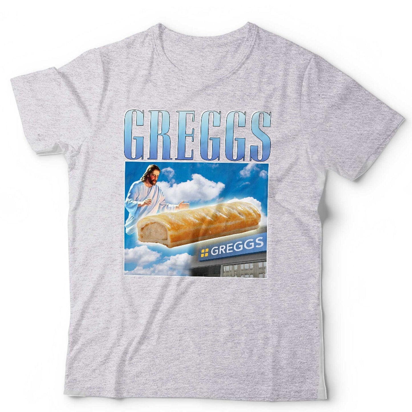 Greggs Tshirt Appreciation Unisex and Kids Funny Sausage Roll Jesus Pasty Present