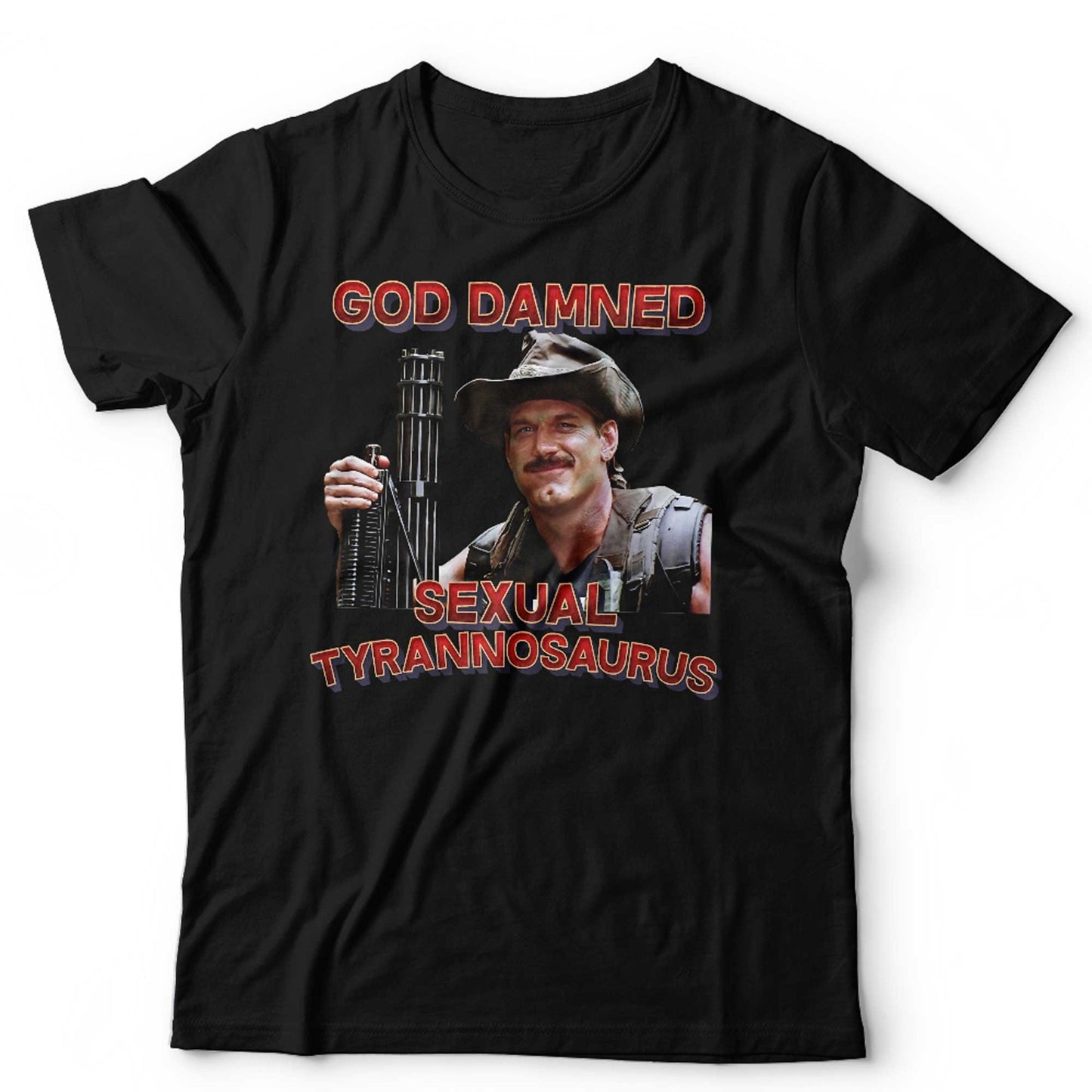 Predator T Shirt God Damned Sexual Tyrannosaurus Unisex Blain Jesse Ventura 80s