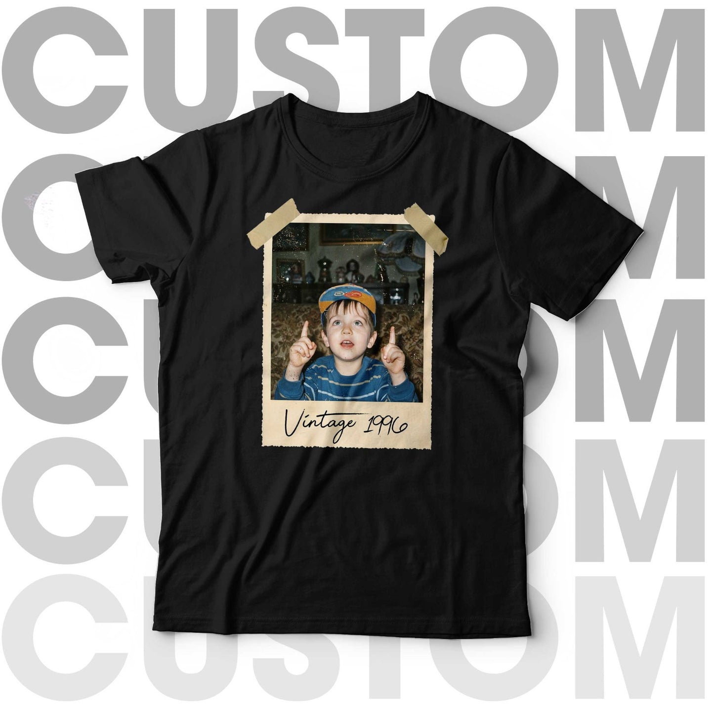 Custom Personalised Text & Photo T-Shirt Vintage Polaroid Retro Birthday Gift