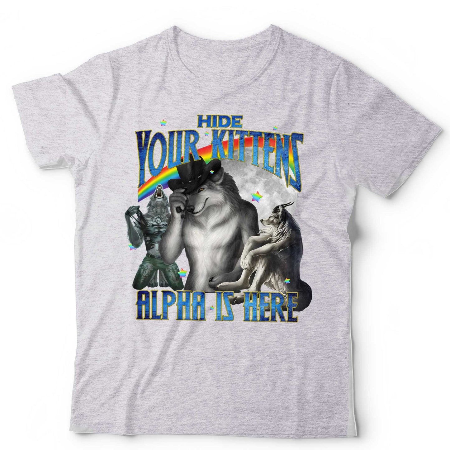 Wolf Shirt Funny Alpha Wolf Hide Your Kittens Graphic Tee Rainbow Meme Sigma