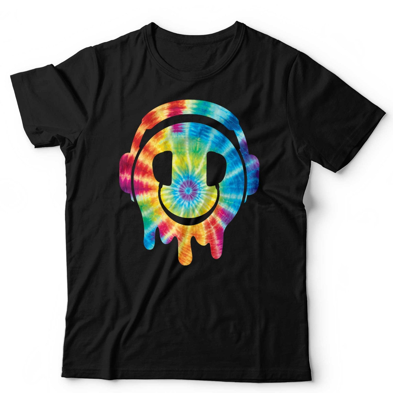 Tie Dye DJ Smiley Face T Shirt Rave Festival EDM Graphic Tee Headphones