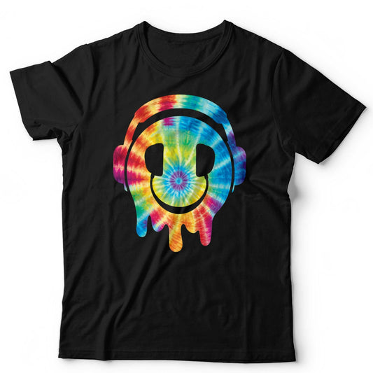 Tie Dye DJ Smiley Face T Shirt Rave Festival EDM Graphic Tee Headphones