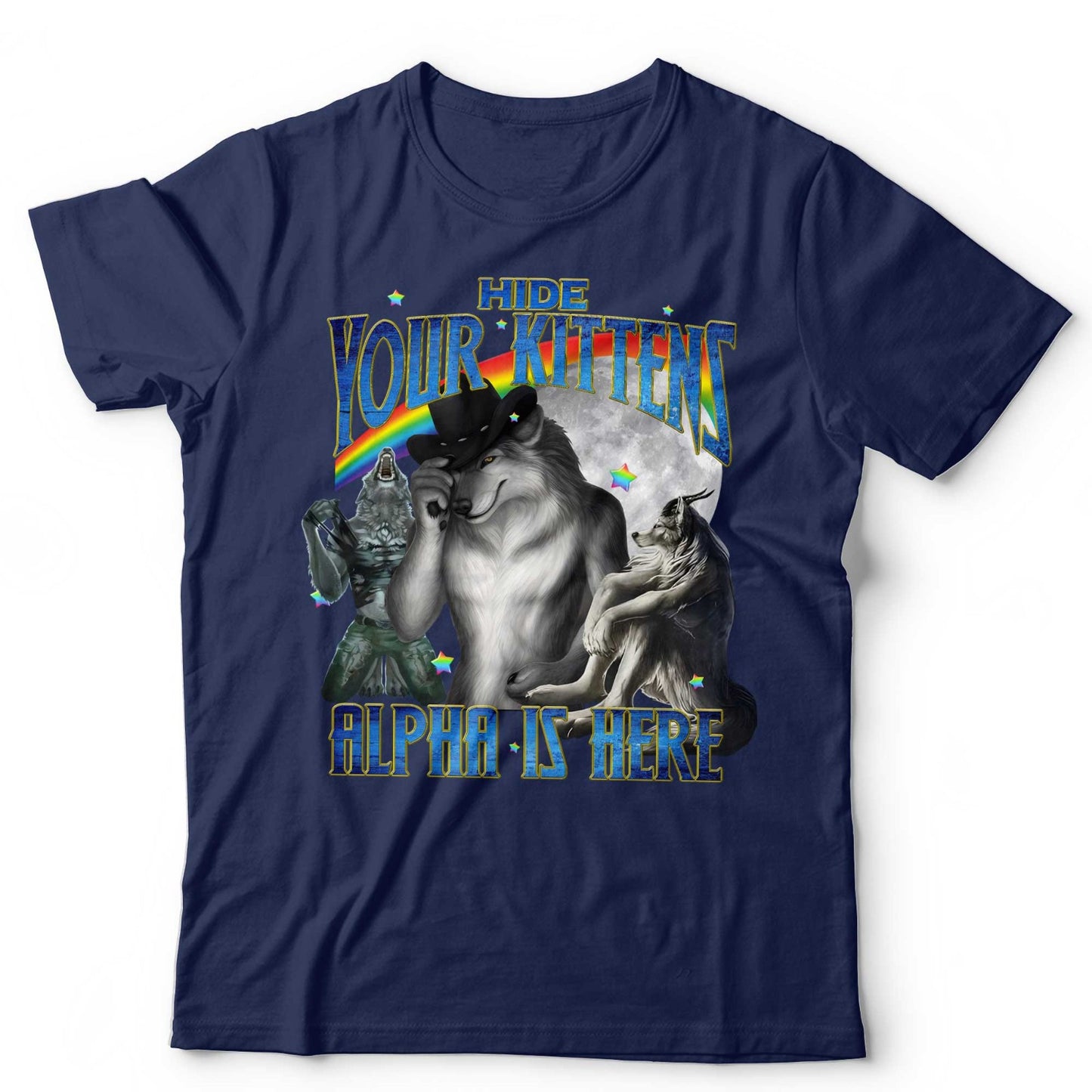 Wolf Shirt Funny Alpha Wolf Hide Your Kittens Graphic Tee Rainbow Meme Sigma