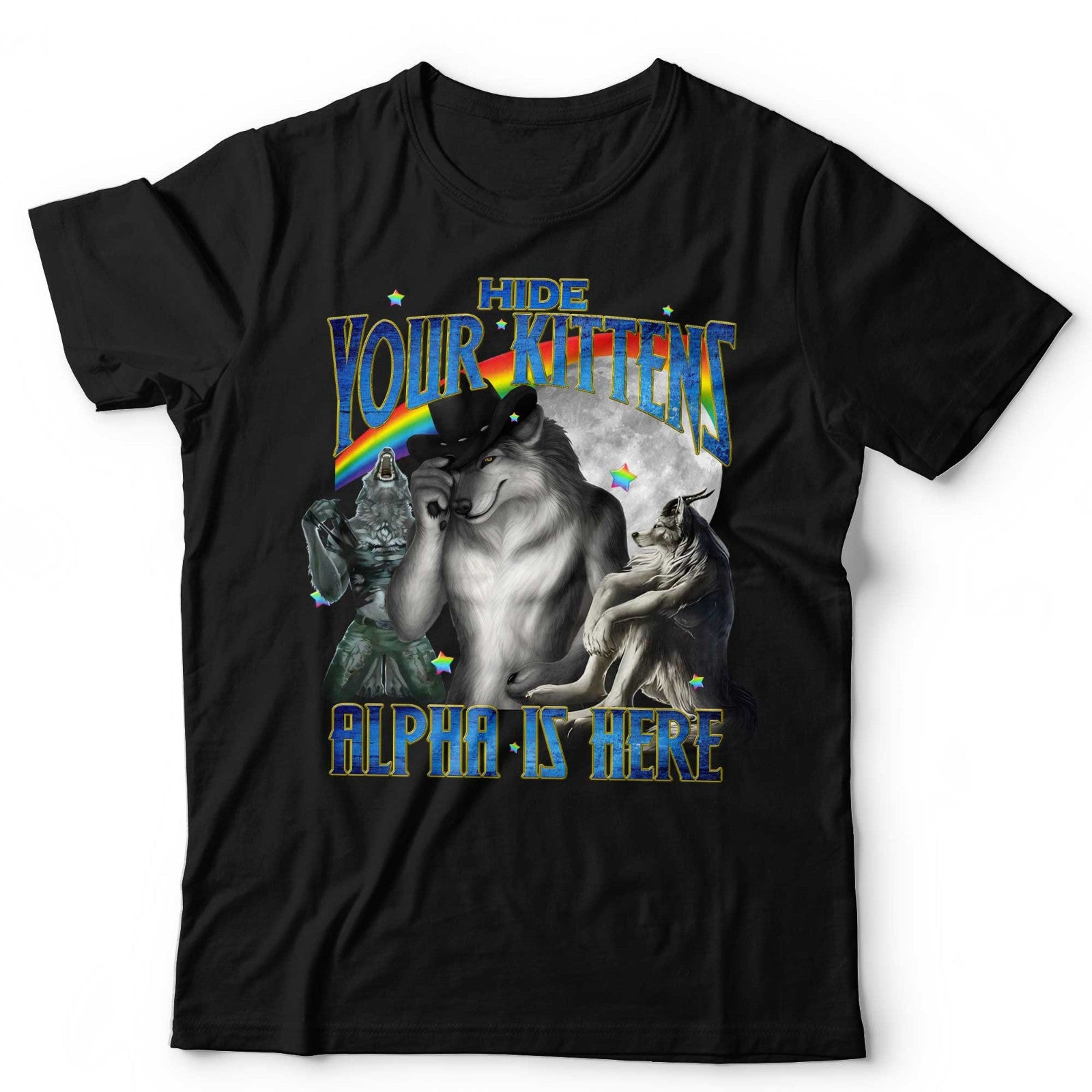 Wolf Shirt Funny Alpha Wolf Hide Your Kittens Graphic Tee Rainbow Meme Sigma