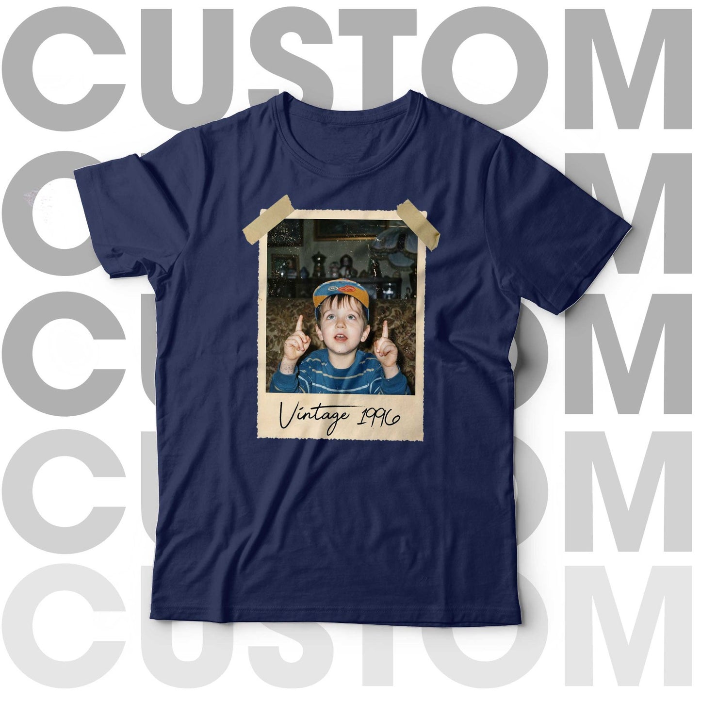Custom Personalised Text & Photo T-Shirt Vintage Polaroid Retro Birthday Gift