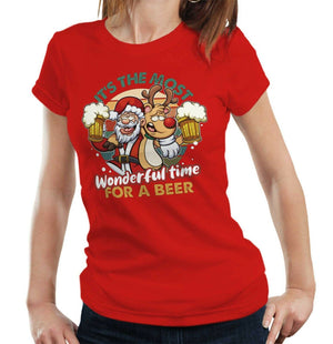 Santa It's The Most Wonderful Time For A Beer 1 Tshirt Fitted Ladies