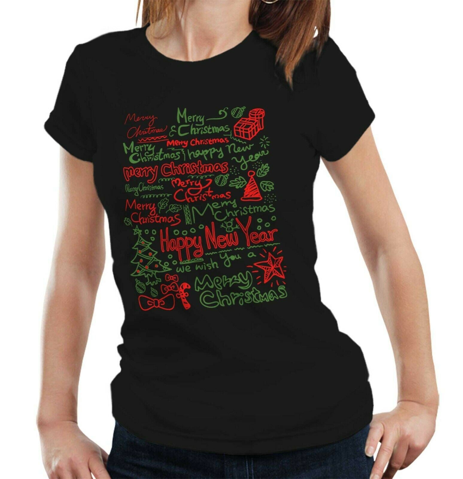 Merry Christmas Text Tshirt Fitted Ladies