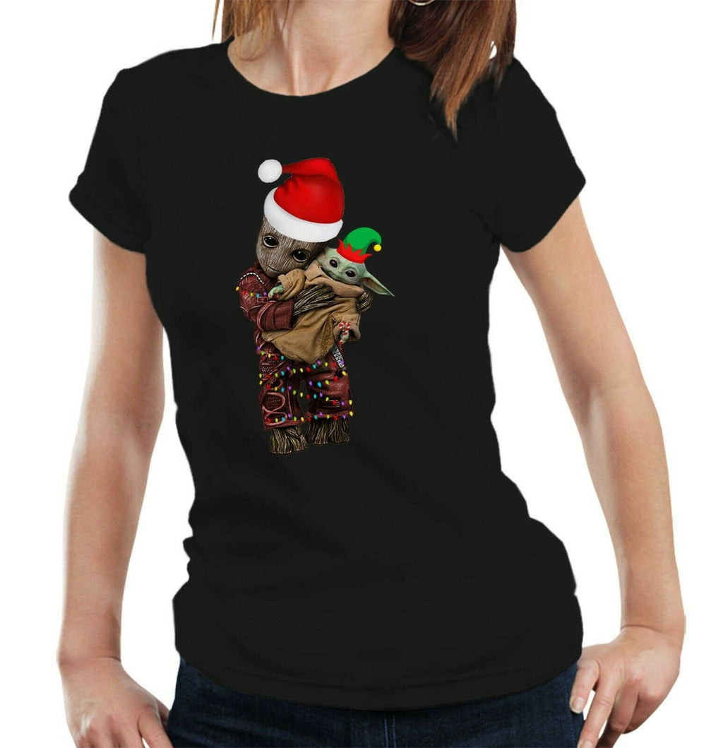 Christmas Baby Groot Baby Yoda Tshirt Fitted Ladies