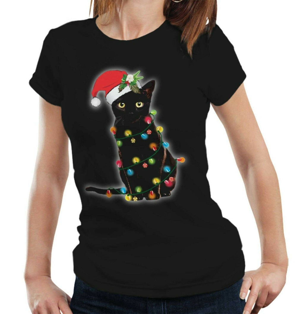 Christmas Cat Lights Tshirt Fitted Ladies