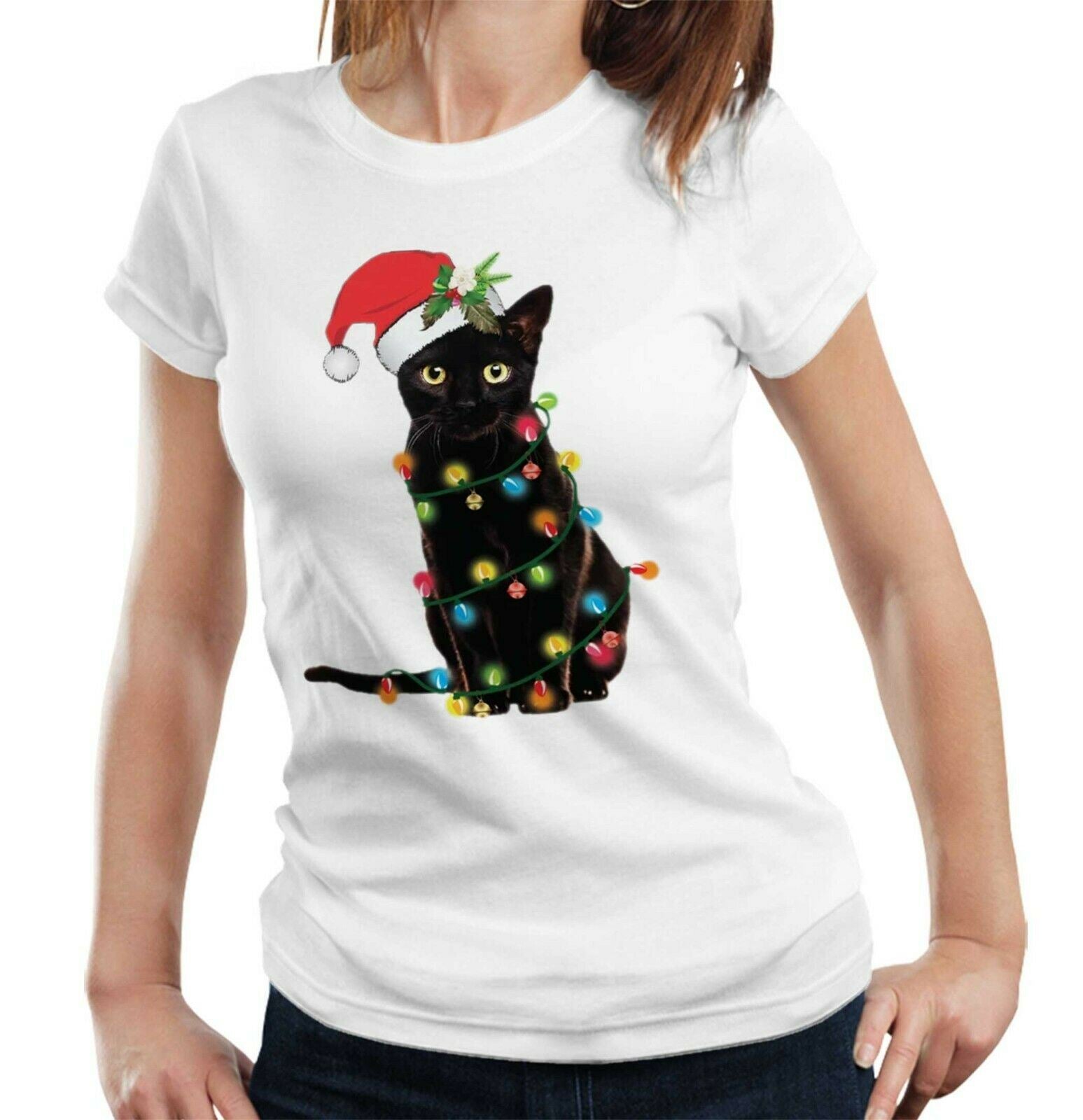 Christmas Cat Lights Tshirt Fitted Ladies