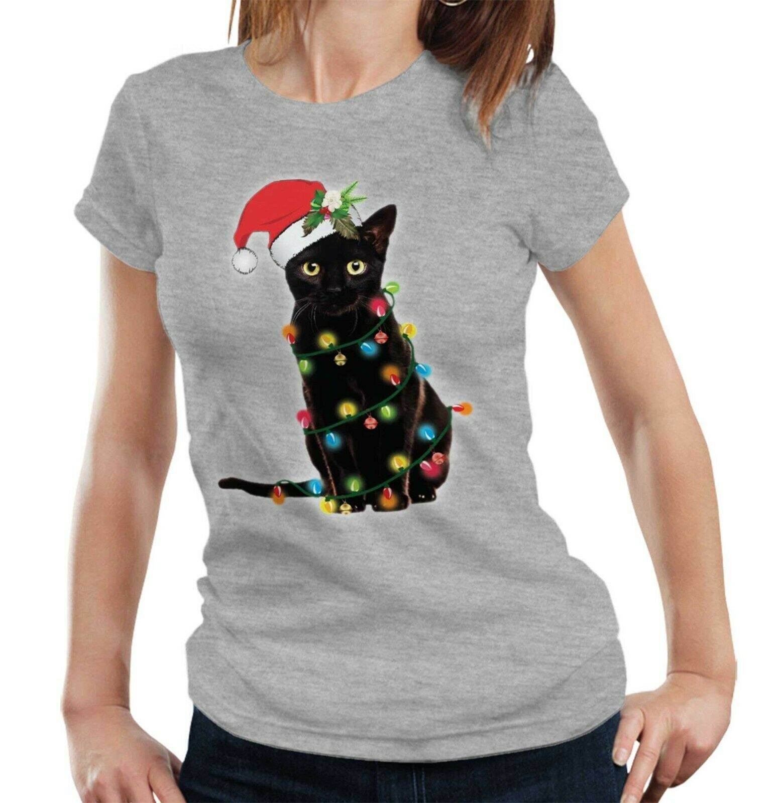 Christmas Cat Lights Tshirt Fitted Ladies