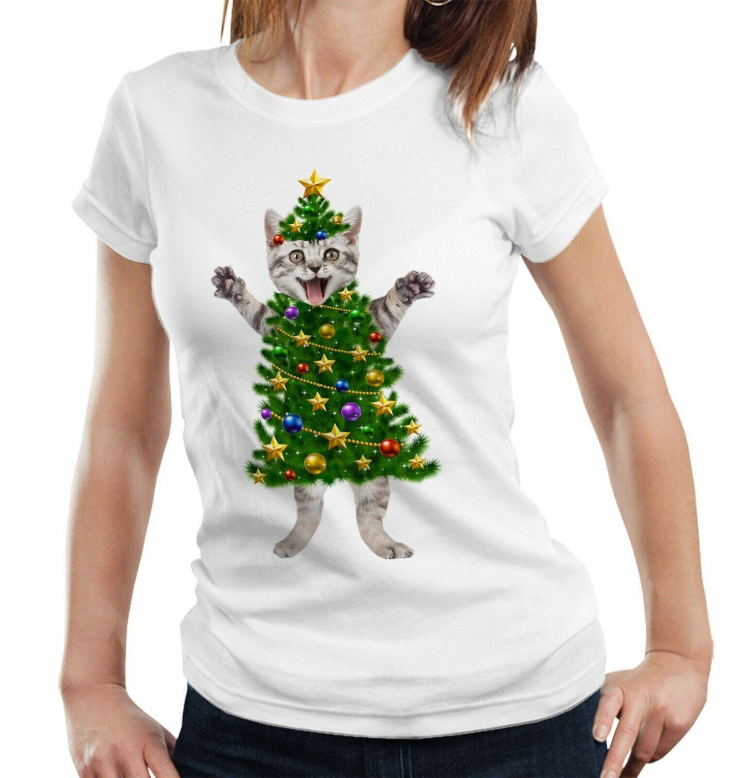 Christmas Cat Tree Tshirt Fitted Ladies