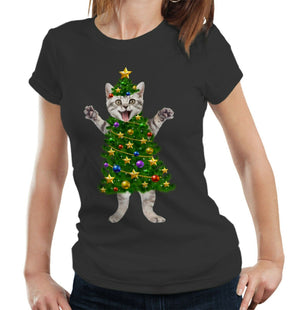 Christmas Cat Tree Tshirt Fitted Ladies