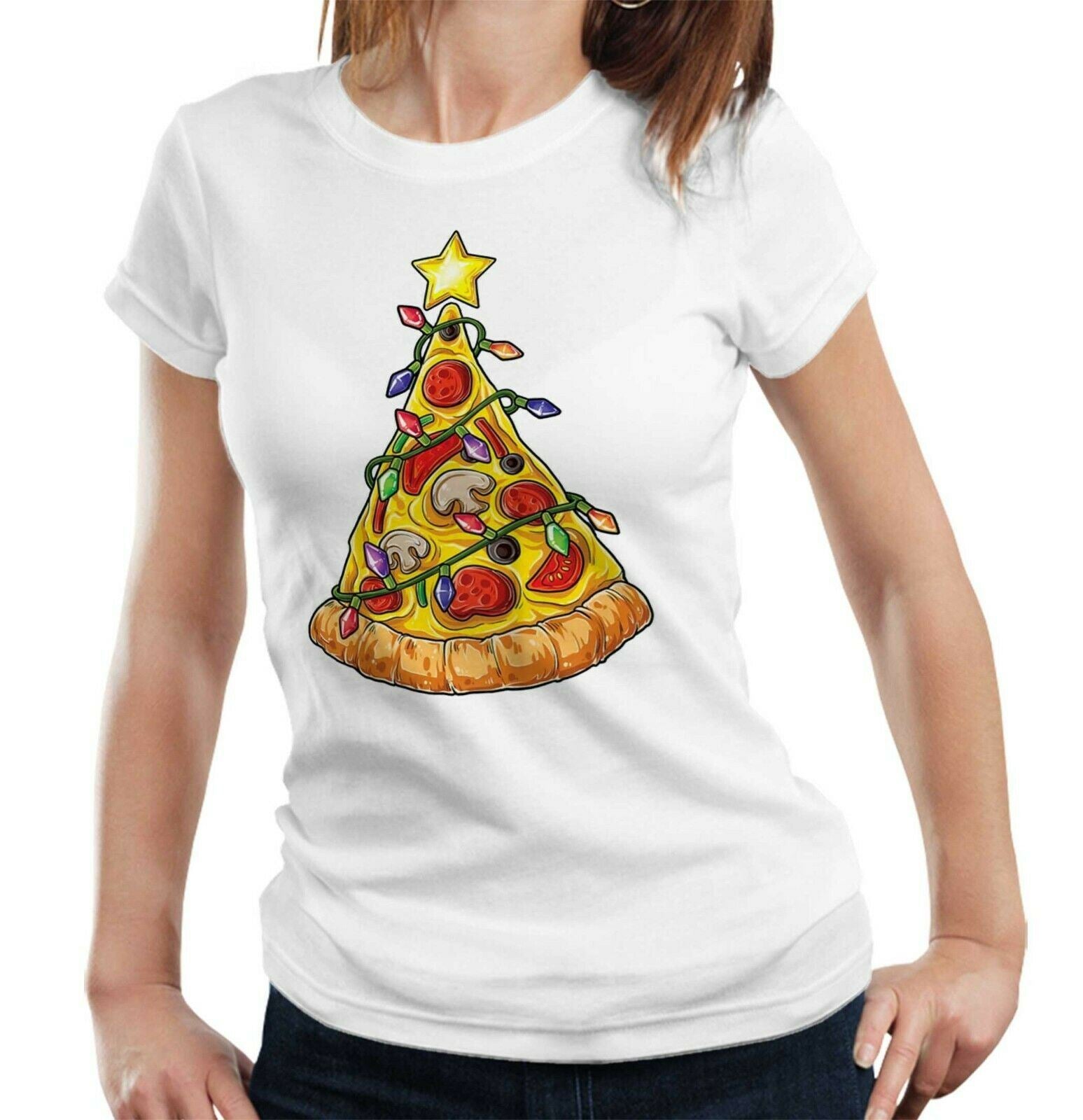 Pizza Christmas Tree Tshirt Fitted Ladies