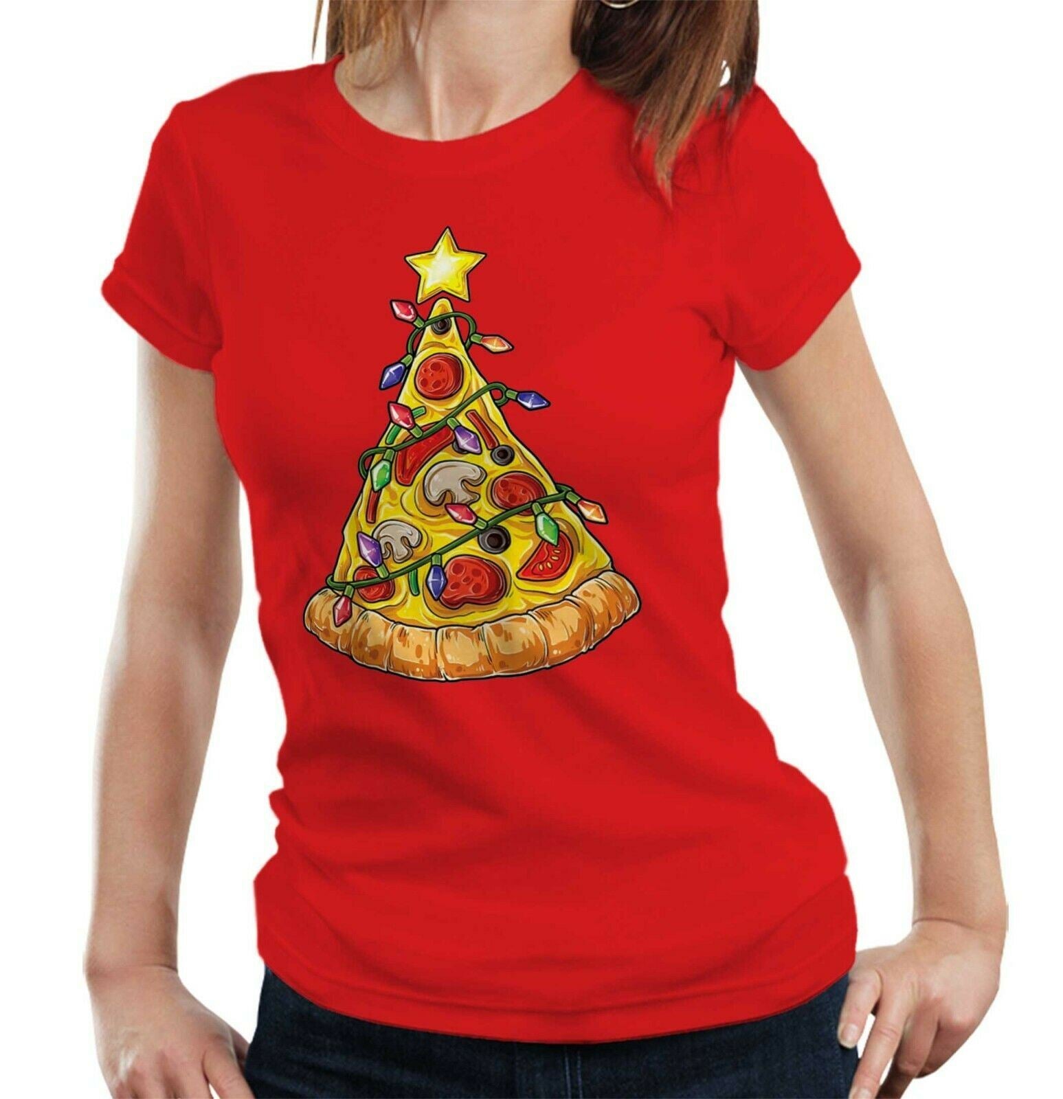 Pizza Christmas Tree Tshirt Fitted Ladies