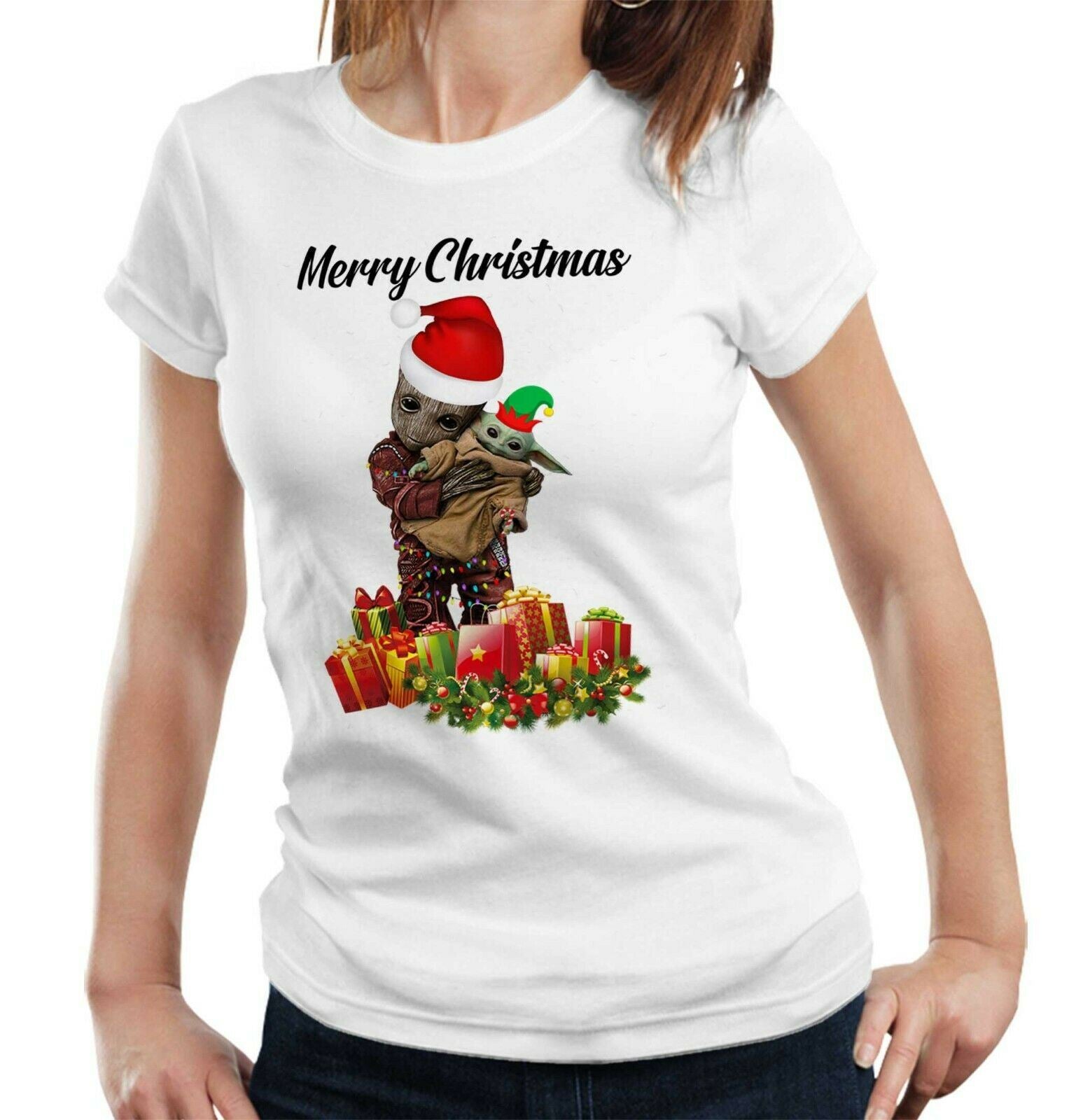 Festive Baby Groot Baby Yoda Tshirt Fitted Ladies