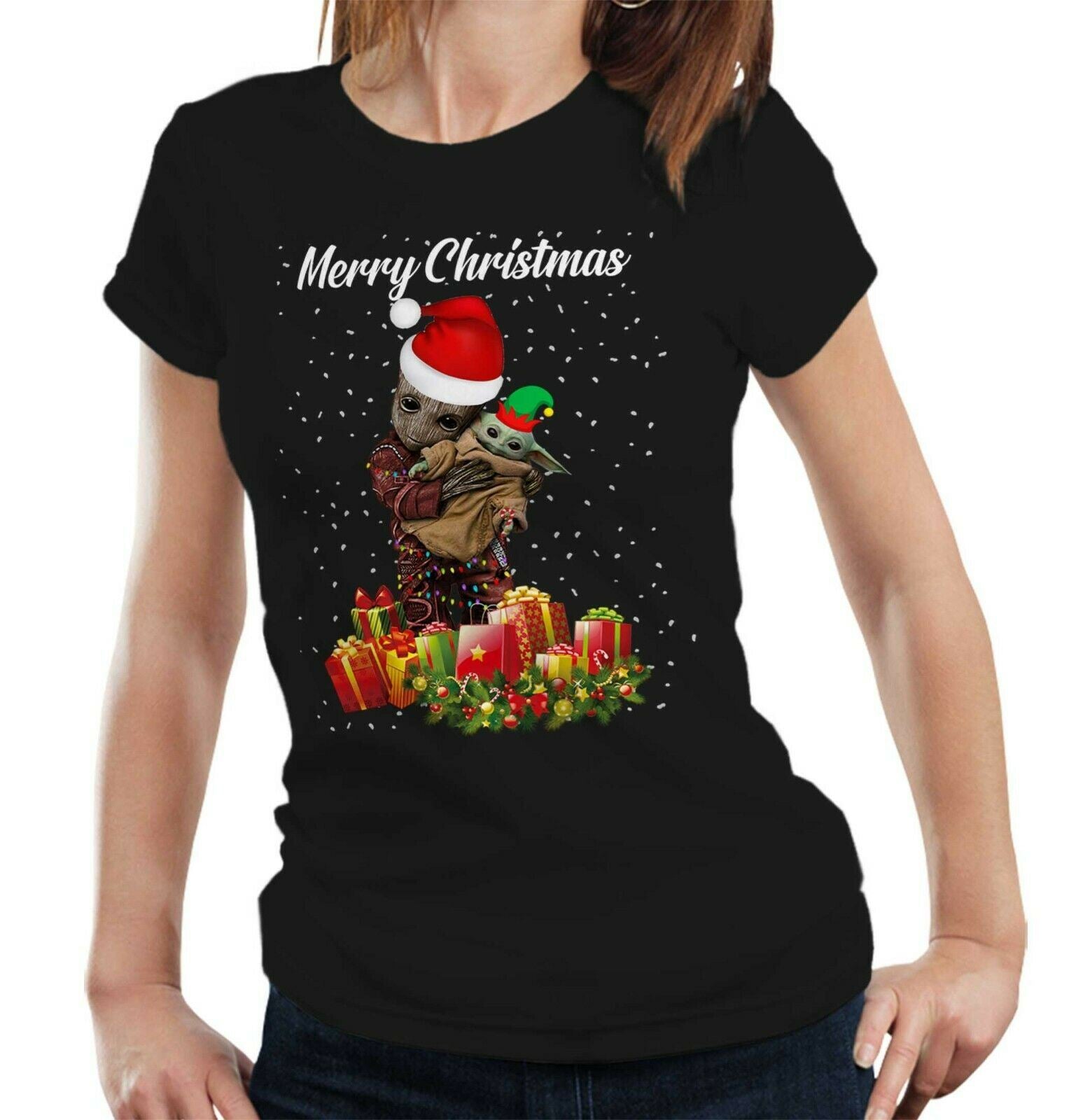 Festive Baby Groot Baby Yoda Tshirt Fitted Ladies