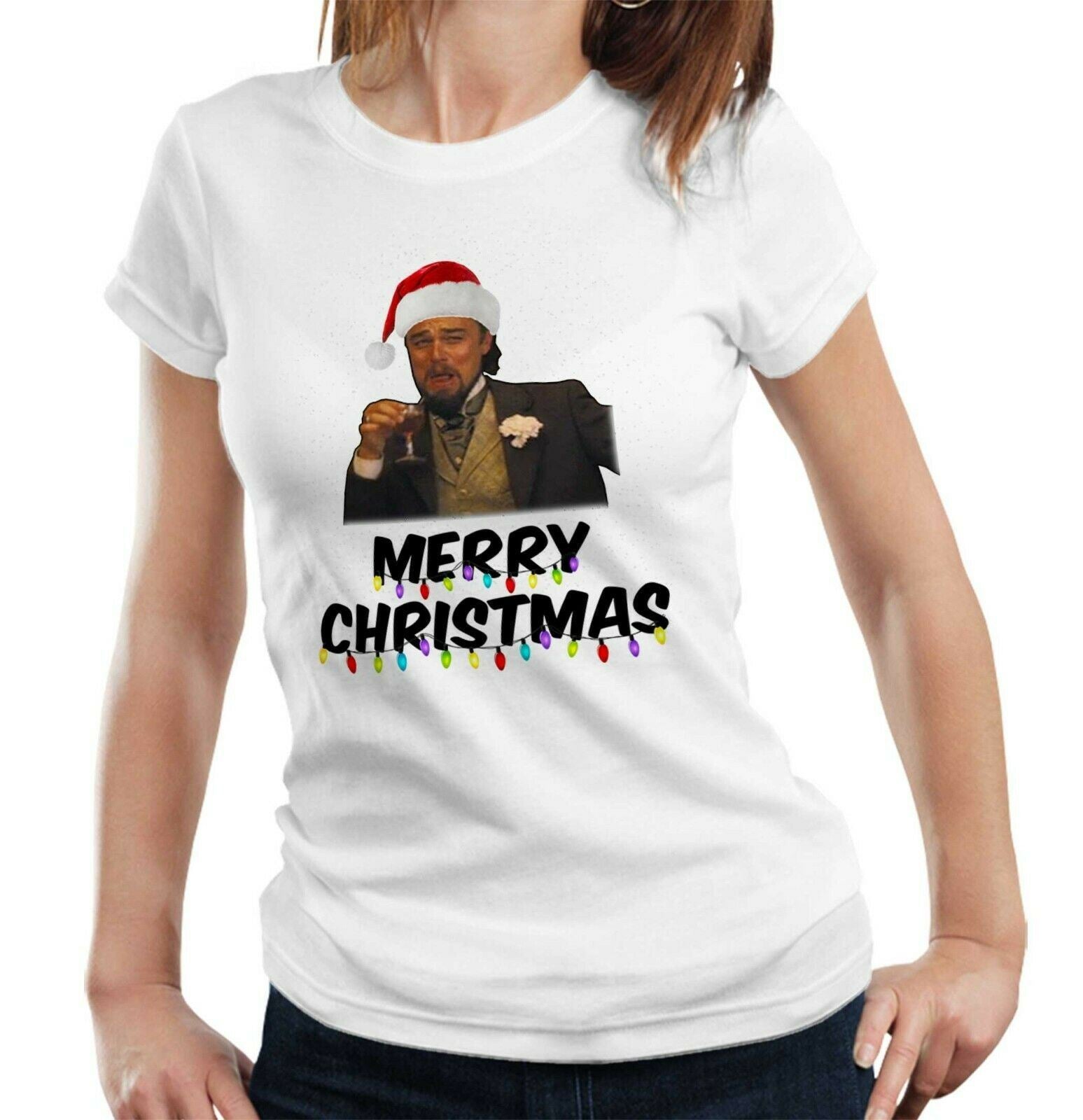 Merry Christmas Leonardo Meme Tshirt Fitted Ladies