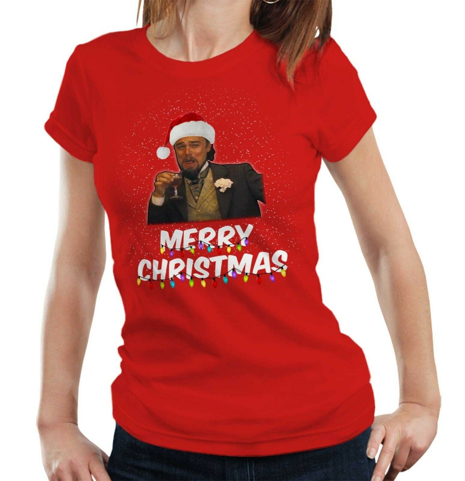 Merry Christmas Leonardo Meme Tshirt Fitted Ladies