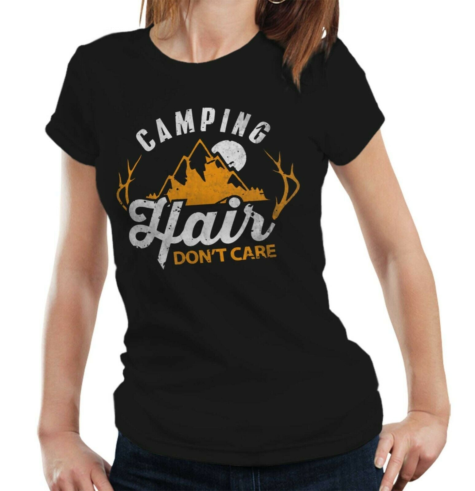 Camping Hair Don't Care Tshirt Fitted Ladies