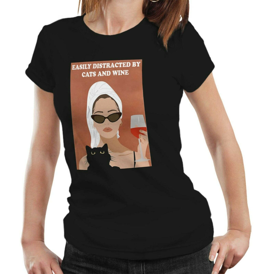 Easily Distracted By Cats And Wine Tshirt Fitted Ladies