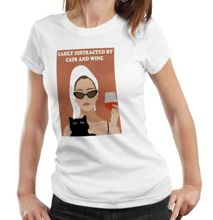 Easily Distracted By Cats And Wine Tshirt Fitted Ladies