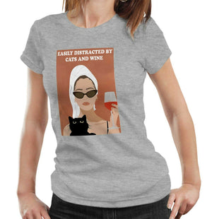 Easily Distracted By Cats And Wine Tshirt Fitted Ladies