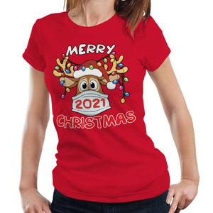 Merry Christmas Reindeer 2021 Tshirt Fitted Ladies