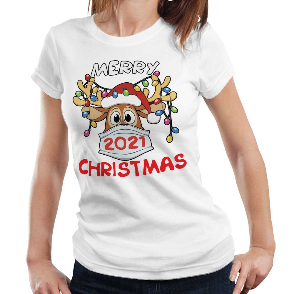 Merry Christmas Reindeer 2021 Tshirt Fitted Ladies